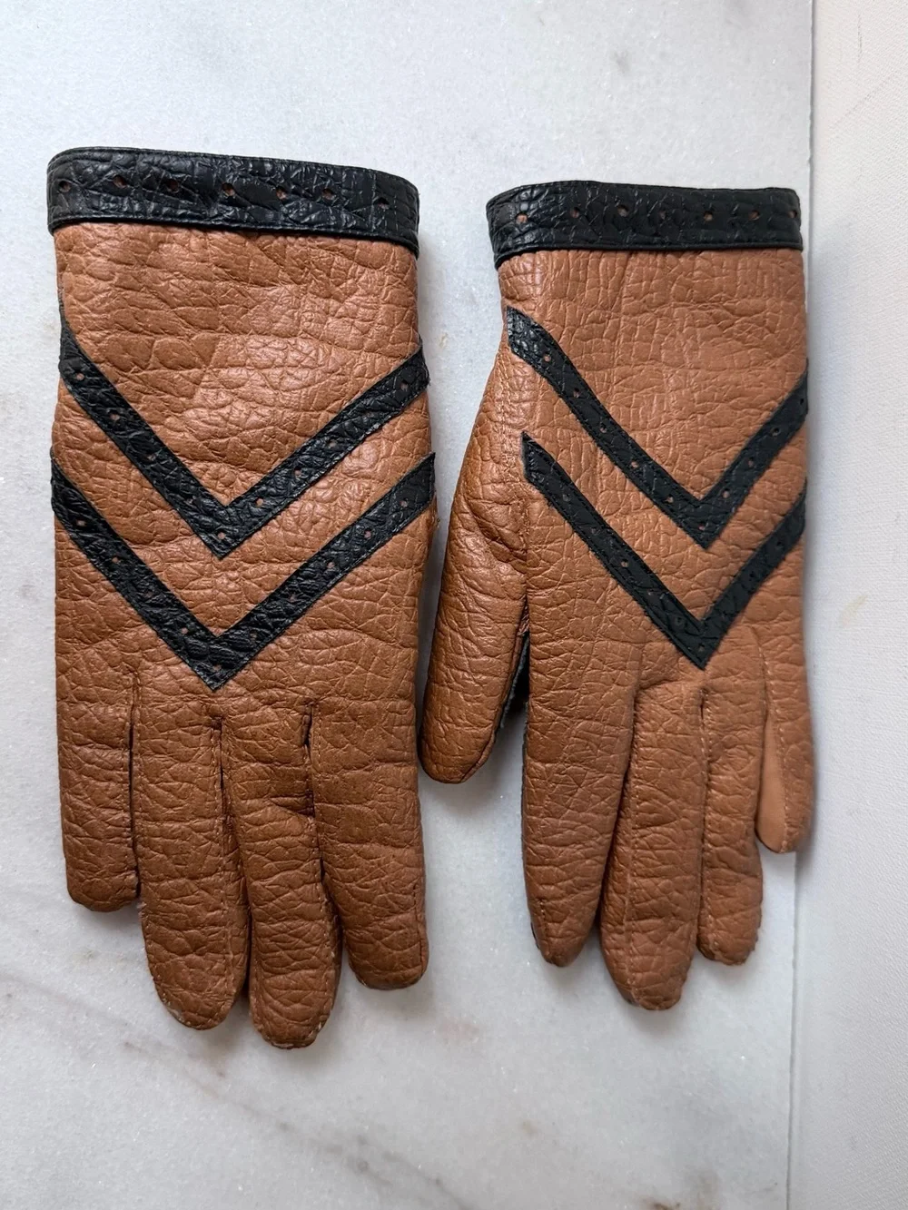 Brown Leather Gloves with Black Chevron Trim vintage